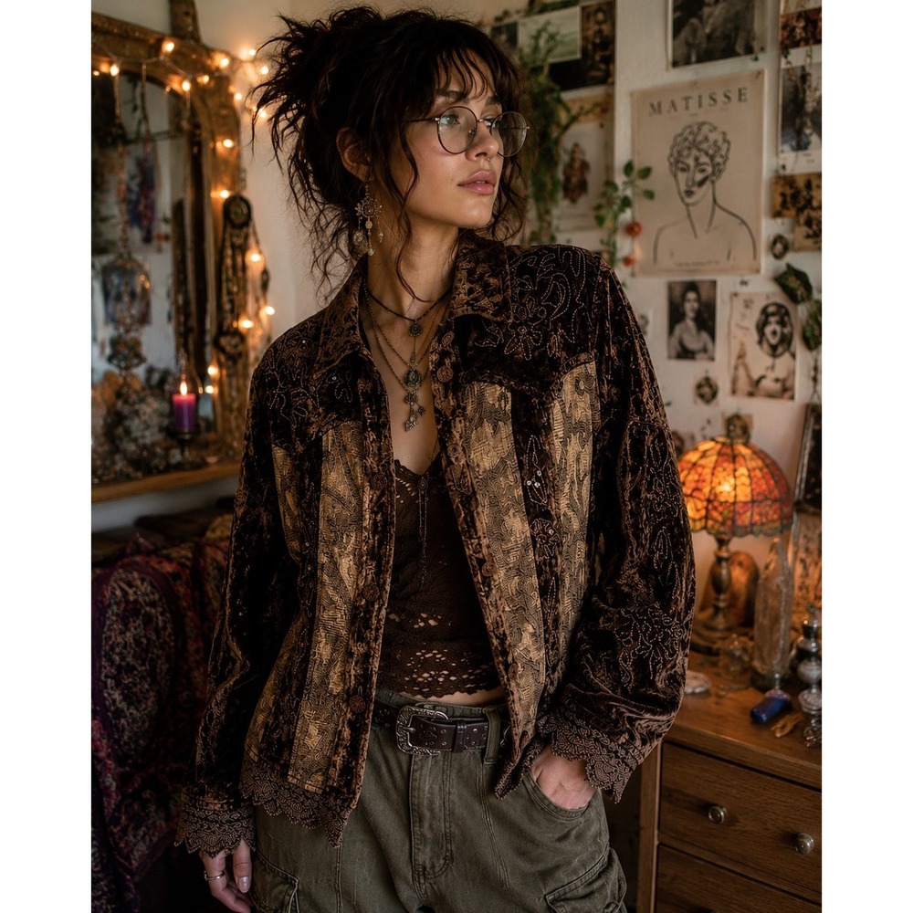 URBAN TRIBE Brown Velvet Tapestry Jacket L Embroidered Boho Western Artsy Y2K
